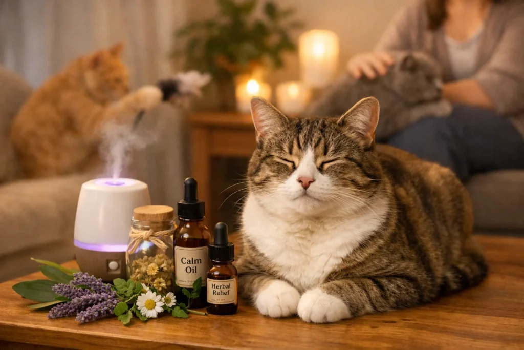 Calm cat with pheromone diffuser and natural remedies, symbolizing alternatives to Gabapentin for anxiety relief in cats. 