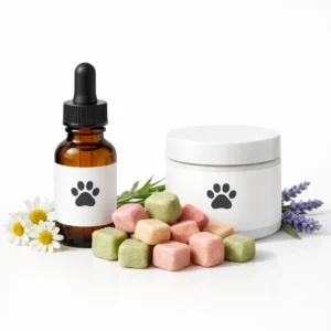 Natural calming pet supplements including drops and soft chews on a white background.