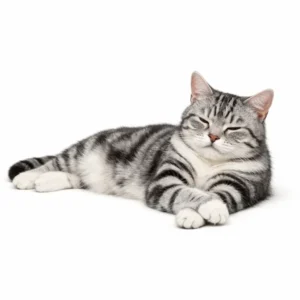 A relaxed American Shorthair cat lying comfortably on a white background with its paws stretched forward.