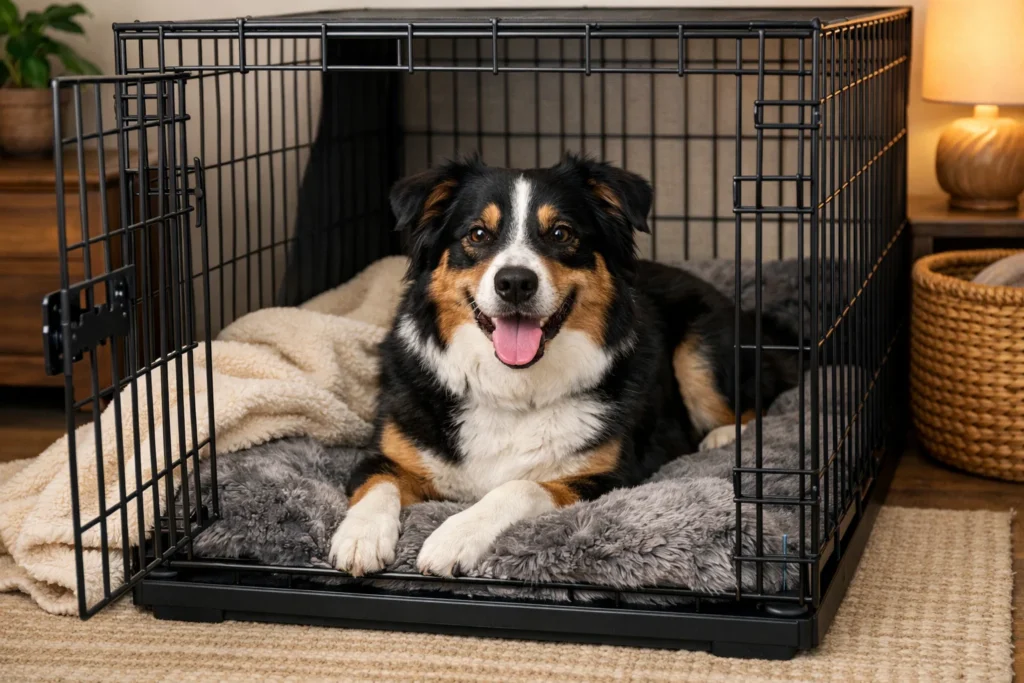 Dog resting comfortably in the right-sized crate, illustrating the importance of choosing the correct crate to address anxiety in dogs.
