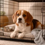 Dog in crate showing signs of crate anxiety in dogs. Representing the anxiety symptoms and solutions for anxious dogs