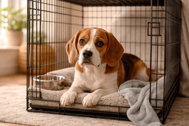 Dog in crate showing signs of crate anxiety in dogs. Representing the anxiety symptoms and solutions for anxious dogs