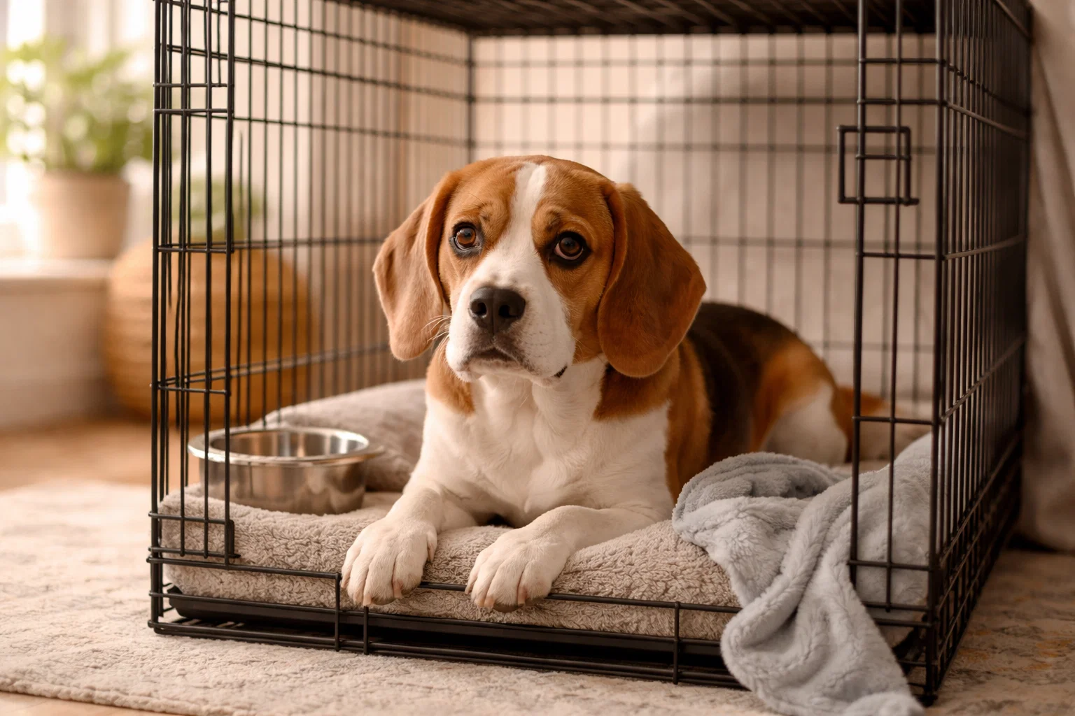 Dog in crate showing signs of crate anxiety in dogs. Representing the anxiety symptoms and solutions for anxious dogs