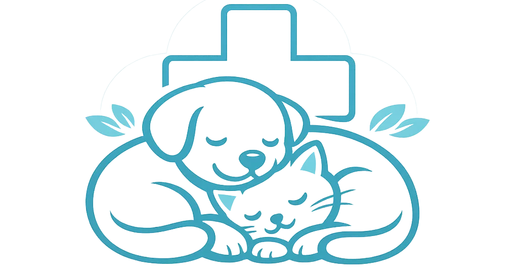 Serenity Paws Care logo showing a calm dog and cat cuddling, representing pet anxiety relief and wellness.