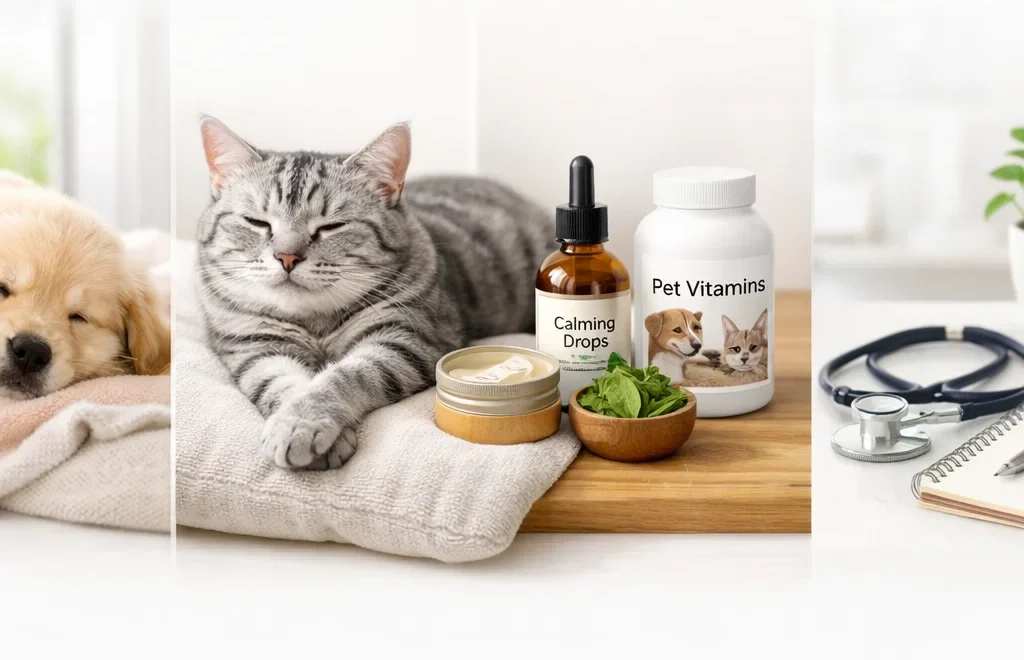 A peaceful pet wellness banner featuring a relaxed dog, calm cat, wellness products, and a vet desk on a clean mint background.