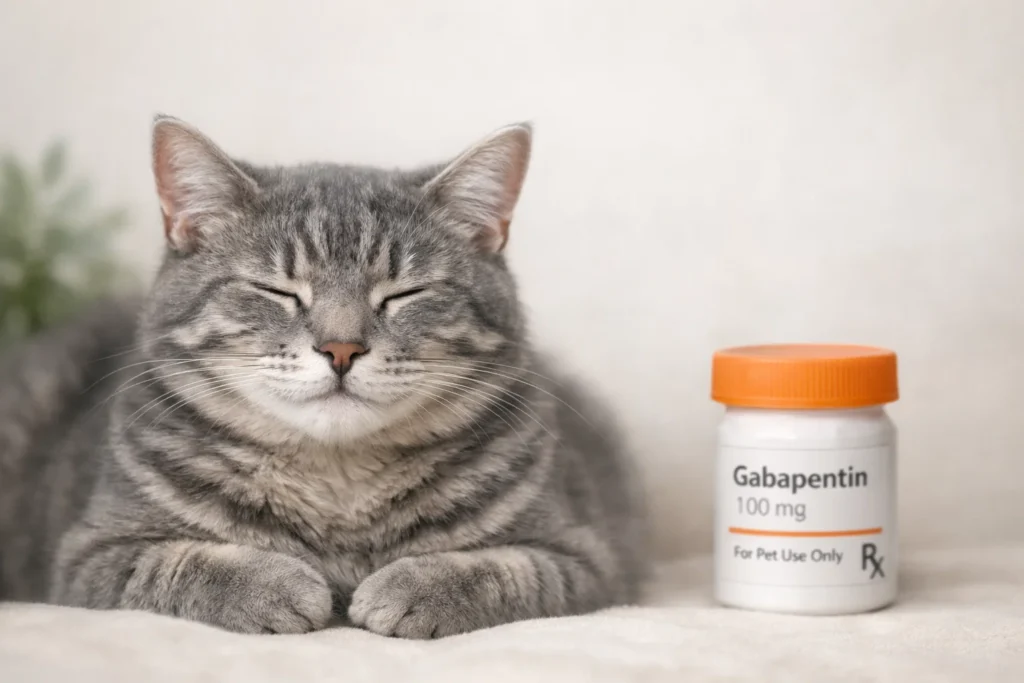 Grey tabby cat relaxed, symbolizing anxiety relief through Gabapentin medication.
