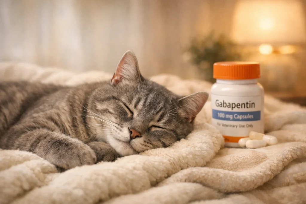 Relaxed grey tabby cat symbolizing anxiety relief with Gabapentin treatment.