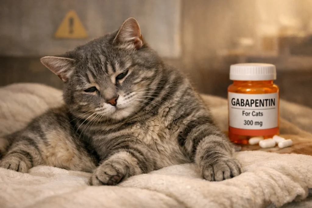 Cat showing drowsiness and unsteady posture, symbolizing side effects like sedation, ataxia, and overdose risks of Gabapentin in cats.