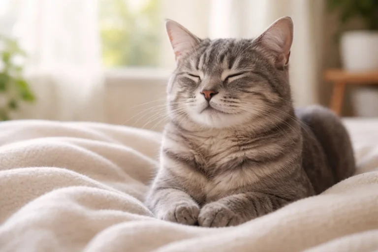 Grey tabby cat relaxing peacefully, symbolizing anxiety relief using Gabapentin for cats as a calming treatment.