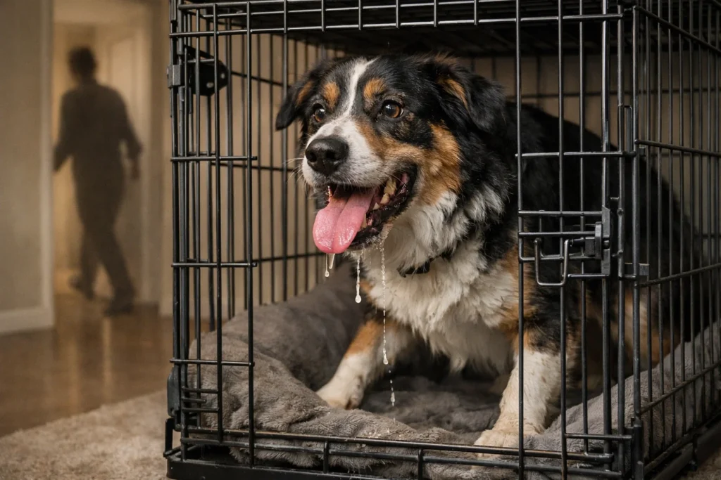 Dog in crate showing signs of crate anxiety, symbolizing causes like separation anxiety and fear of confinement.