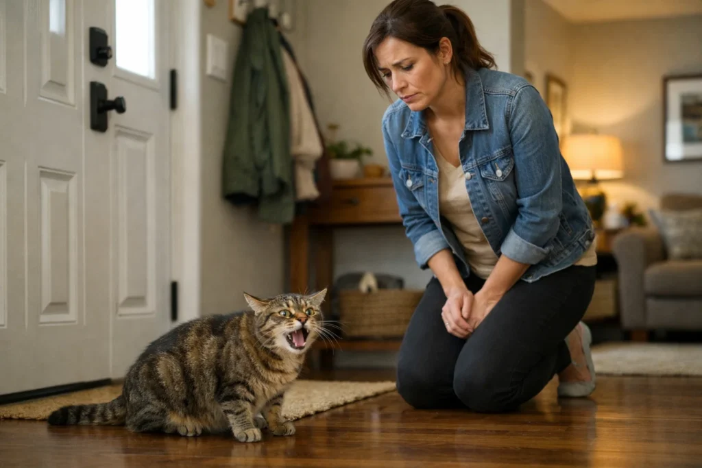 cat showing signs of separation anxiety meowing near door with owner