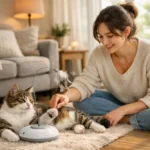 👉 cat playing with owner using cat toys for separation anxiety at home