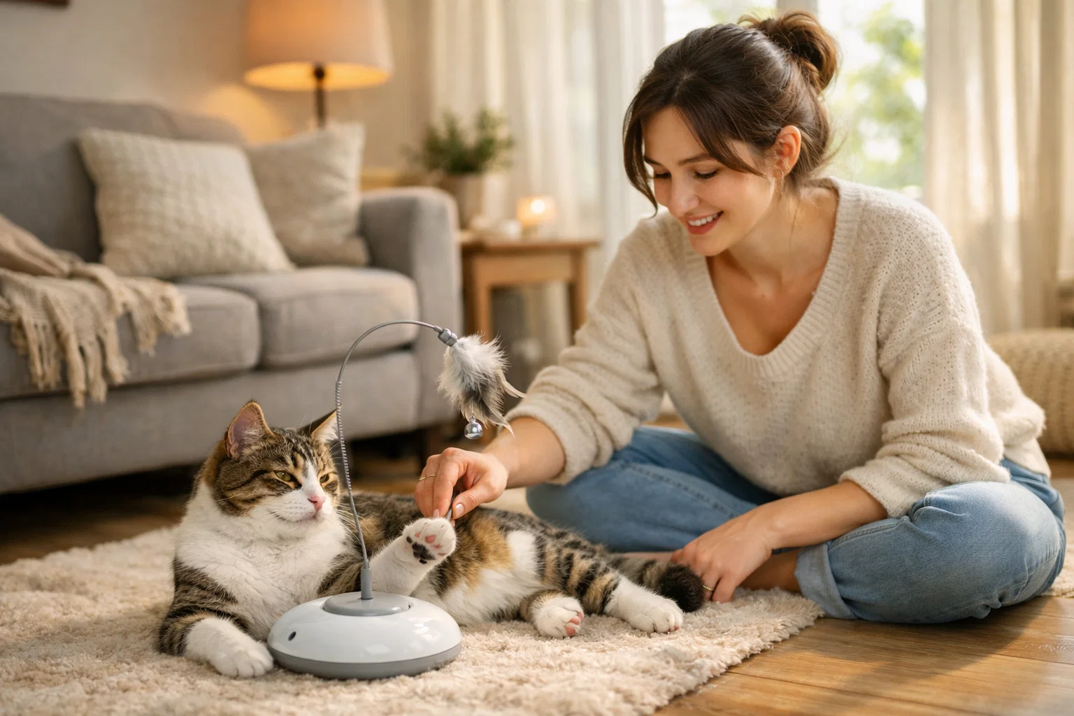 👉 cat playing with owner using cat toys for separation anxiety at home