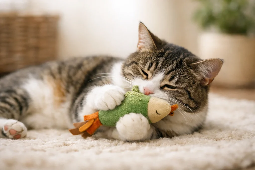 relaxed cat playing with catnip toy for stress relief and calming effect