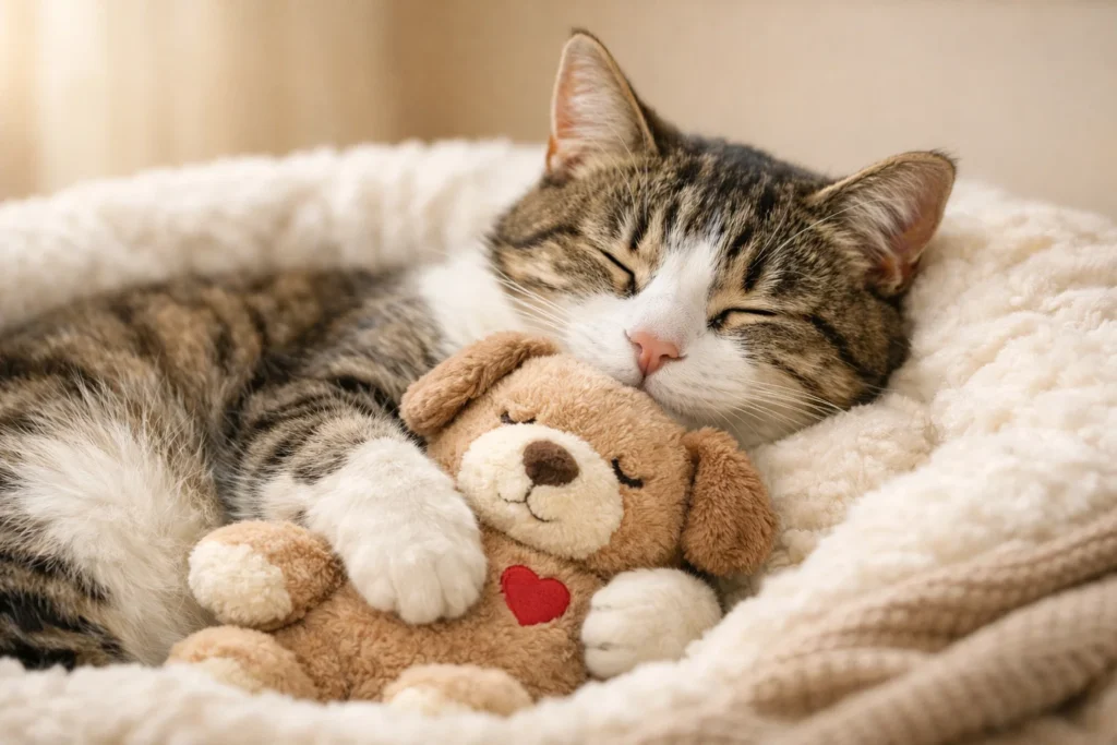 cat cuddling comfort plush toy for anxiety relief and better sleep