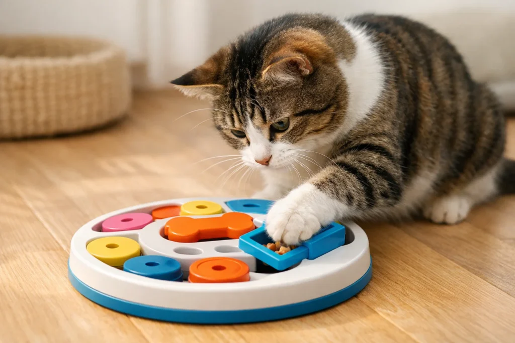 cat playing with interactive puzzle toy for mental stimulation and treat reward