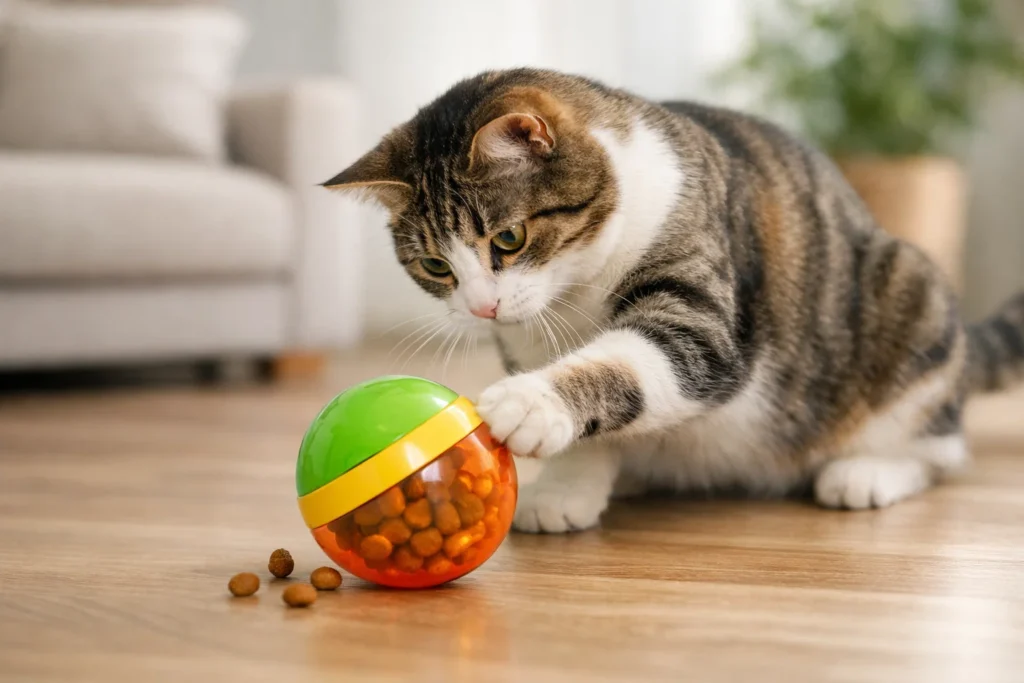 cat playing with treat dispensing ball toy for interactive feeding and exercise
