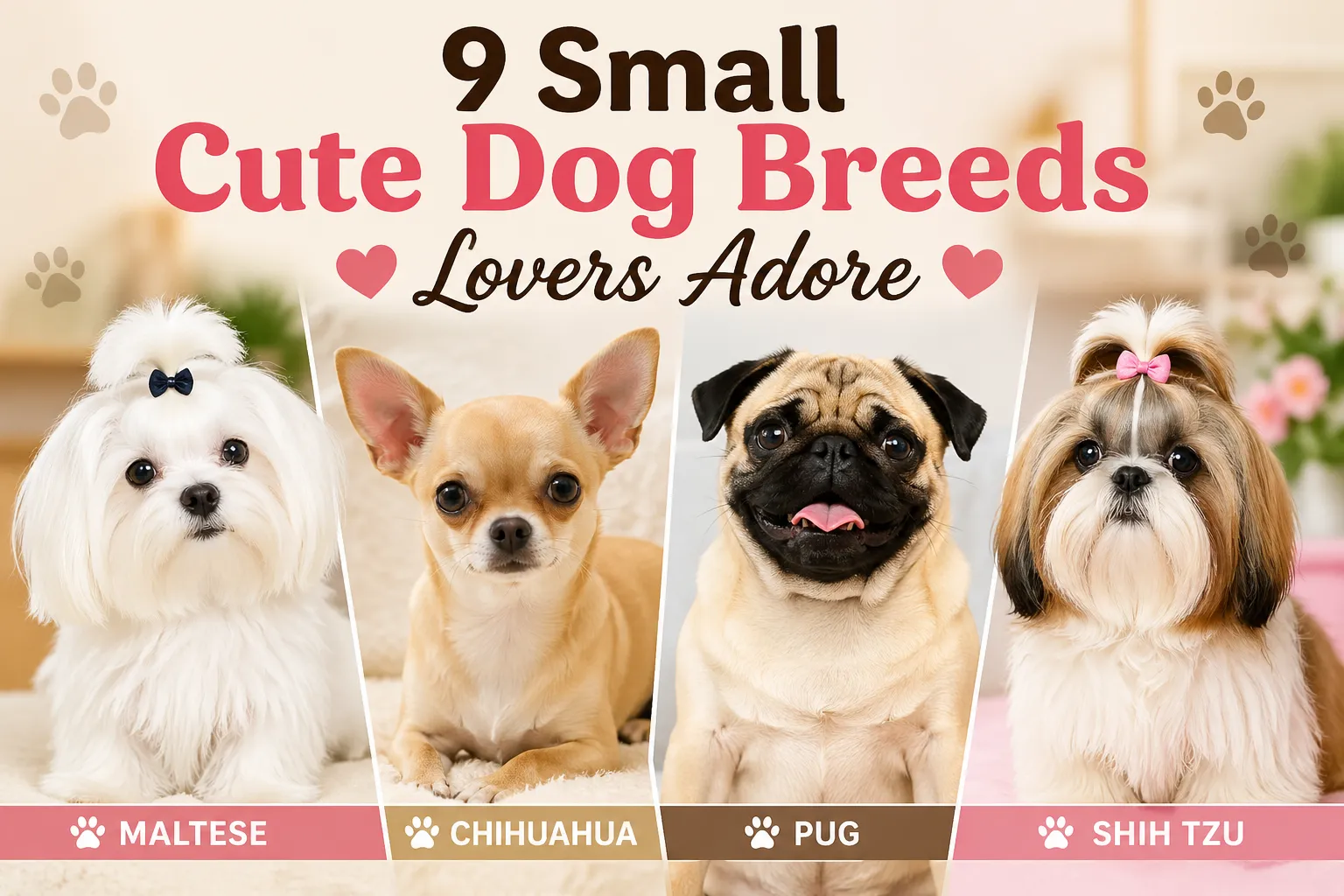 9 small cute dog breeds collage featuring Maltese, Chihuahua, Pug, and Shih Tzu dogs for pet lovers