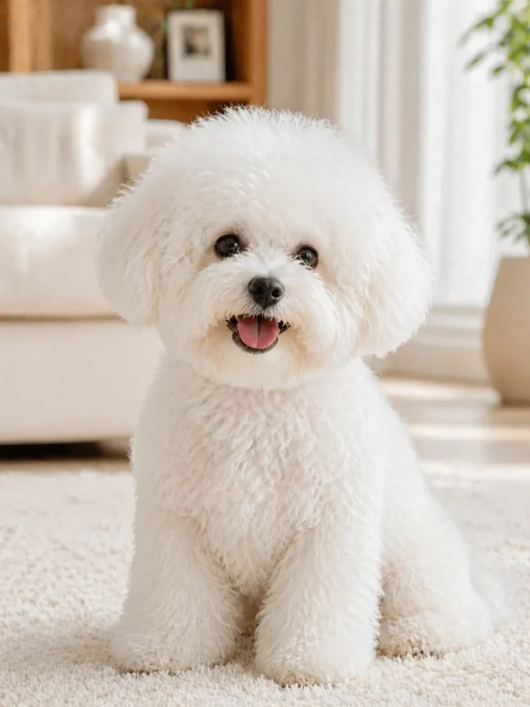 Bichon Frise small dog for seniors sitting indoors as a friendly companion breed