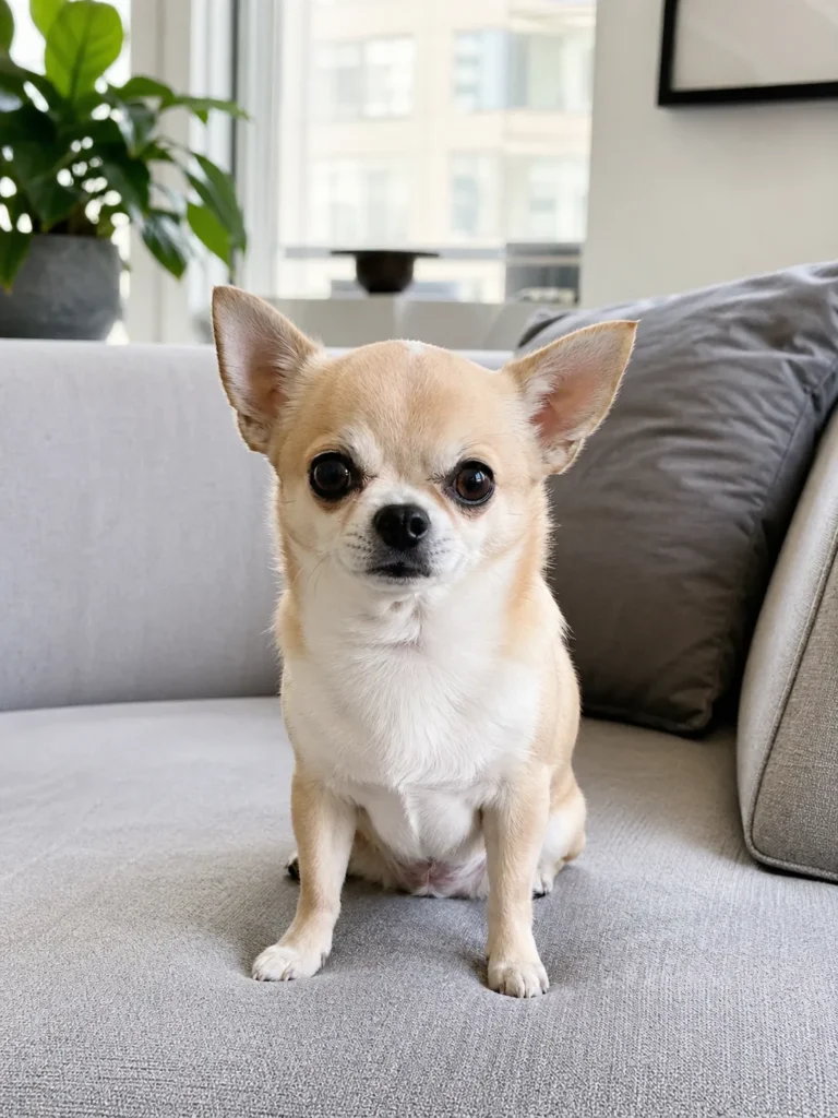 Chihuahua small low maintenance dog sitting indoors in apartment