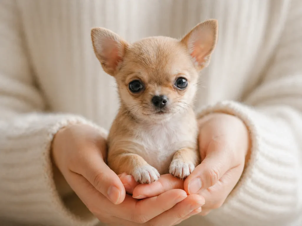 tiny Chihuahua small dog in hands
