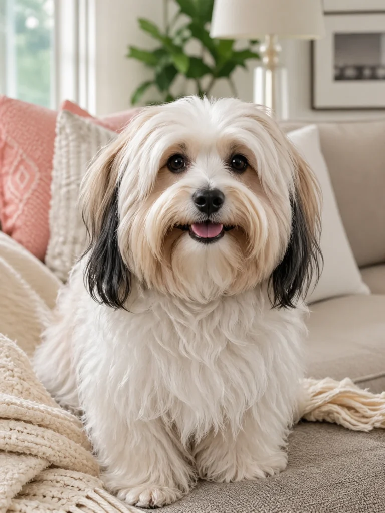 Havanese small dog for seniors sitting indoors as a loving companion breed