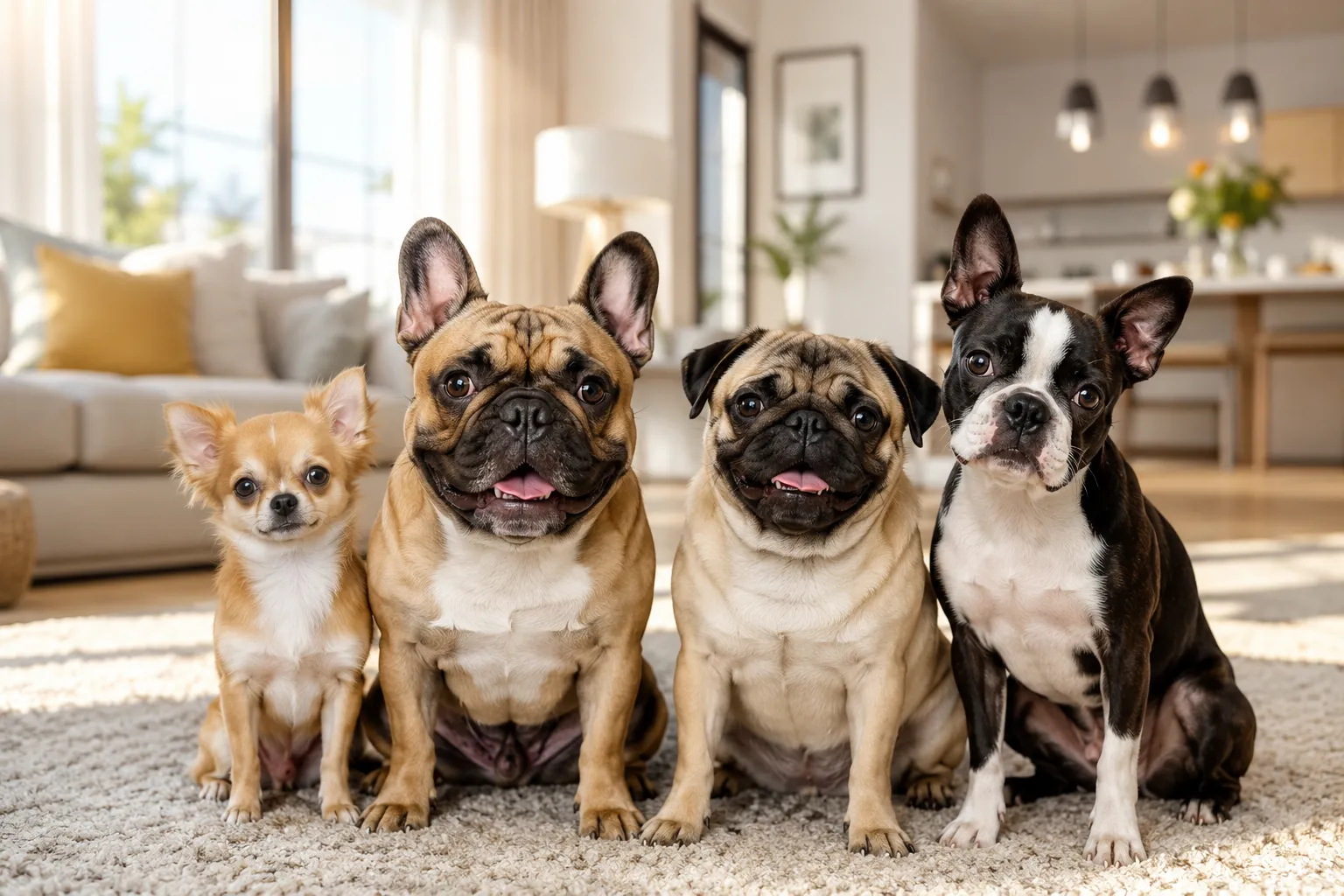 Cute low maintenance small dogs relaxing together in a stylish apartment home.