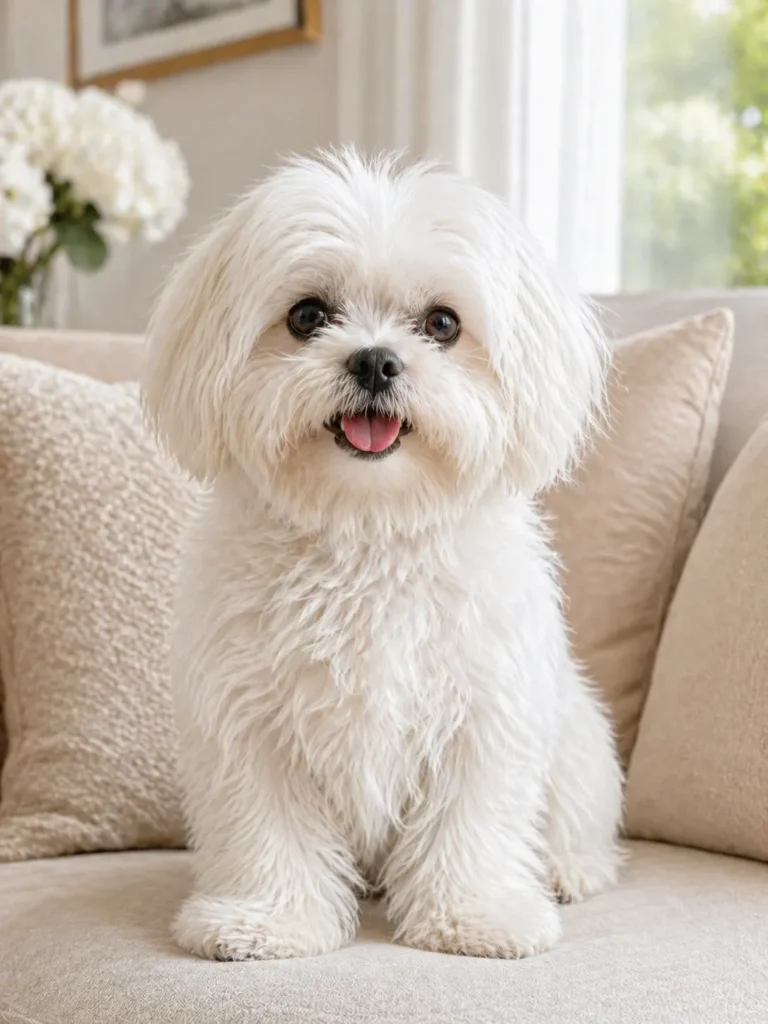  Maltese small companion dog for seniors sitting indoors