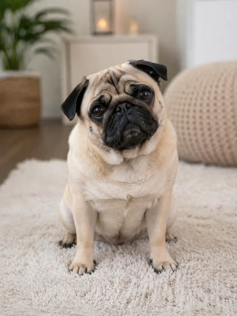 Pug low maintenance small dog sitting in cozy home
