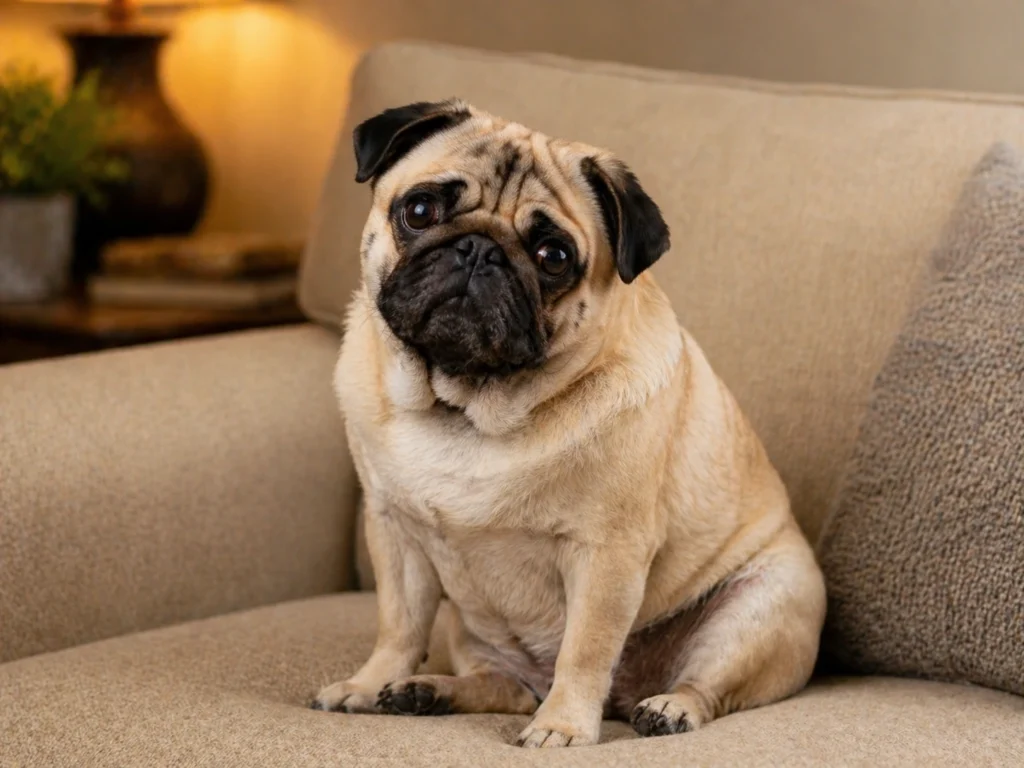 cute pug small dog on couch
