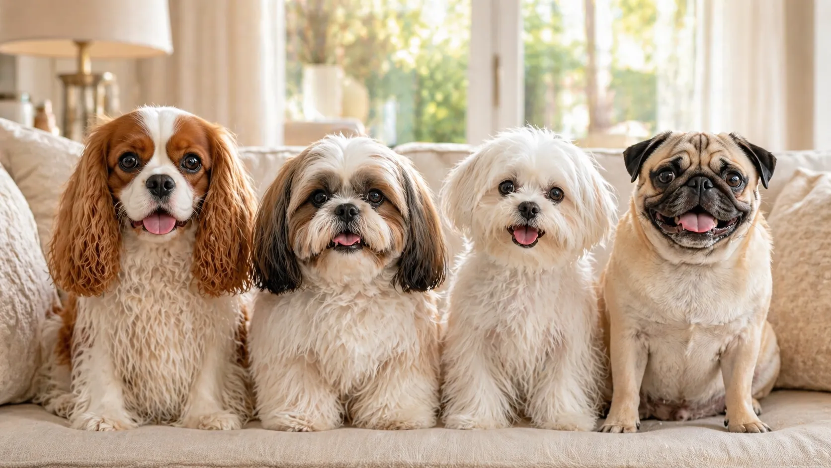 small dogs for seniors featured image with Cavalier King Charles Spaniel, Shih Tzu, Maltese, and Pug sitting together indoors