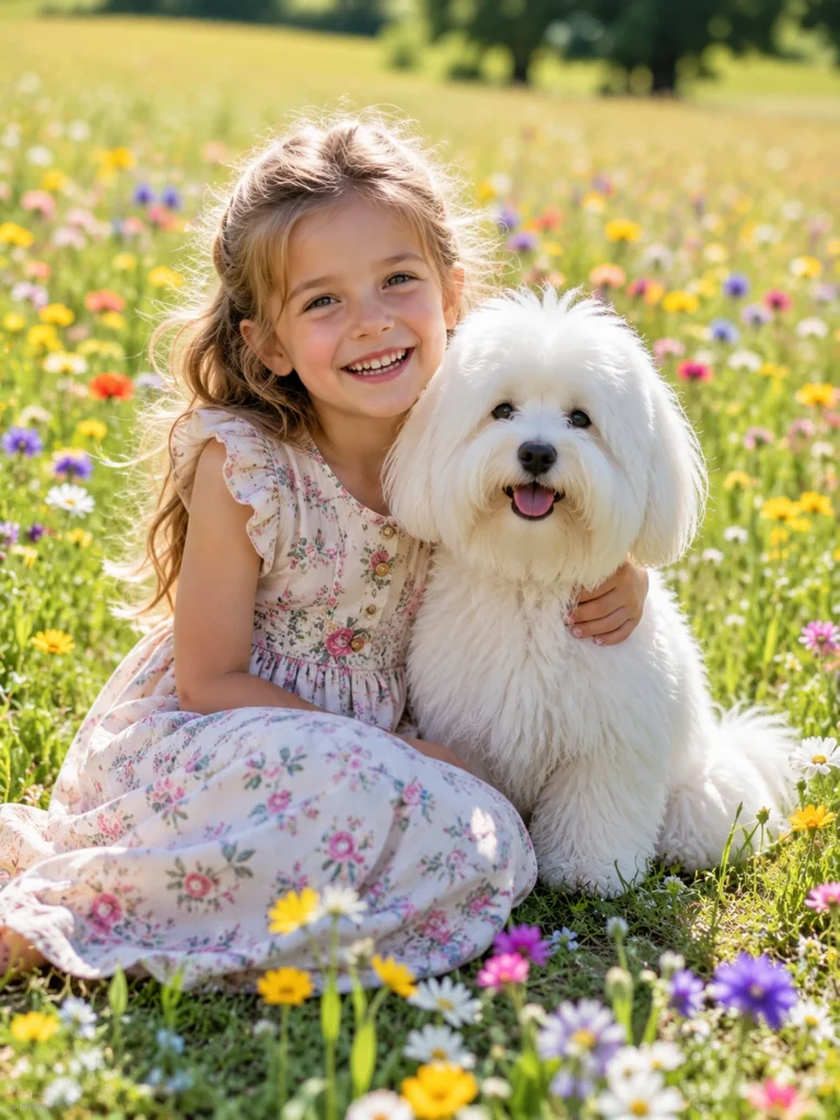 Coton de Tulear sitting in a flower field with a child during a family photoshoot.