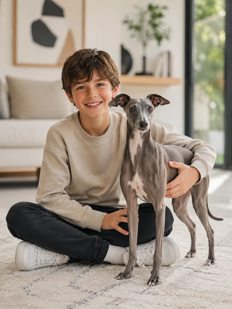 Italian Greyhound standing beside a child in a modern home environment.