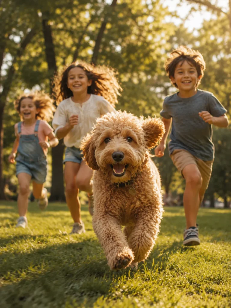  labradoodle playing with kids outdoors hypoallergenic dog