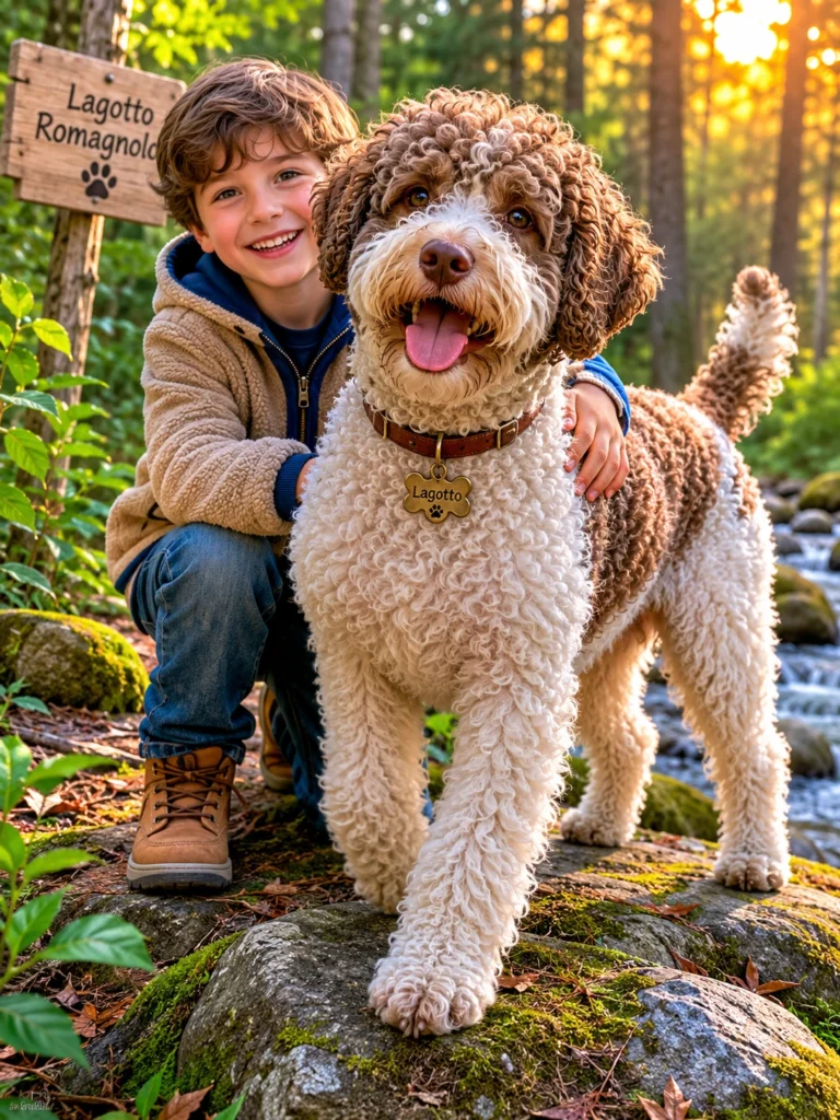 Lagotto Romagnolo standing with a child on a forest trail during an outdoor family adventure.