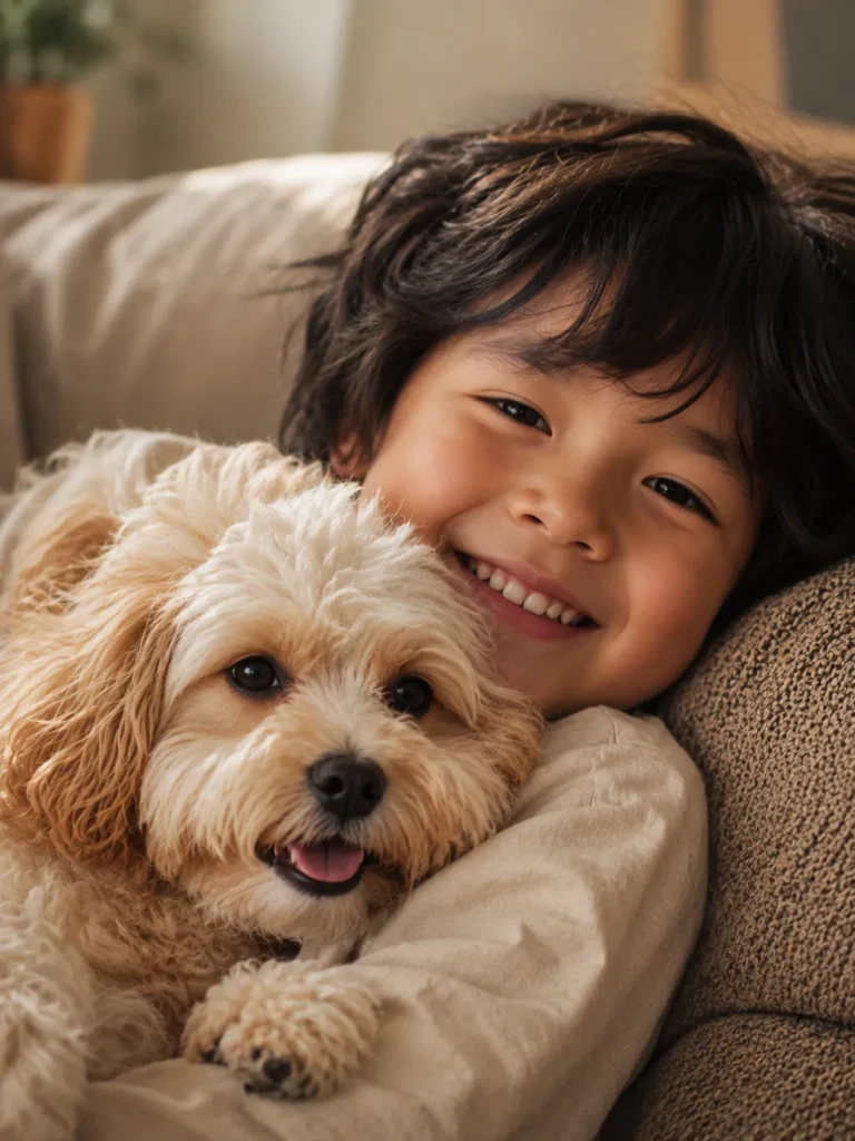  maltipoo cuddling with child hypoallergenic small dog