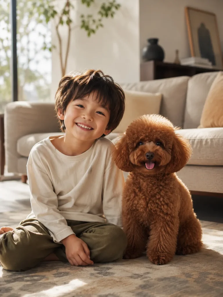  toy poodle hypoallergenic dog with child indoors natural light