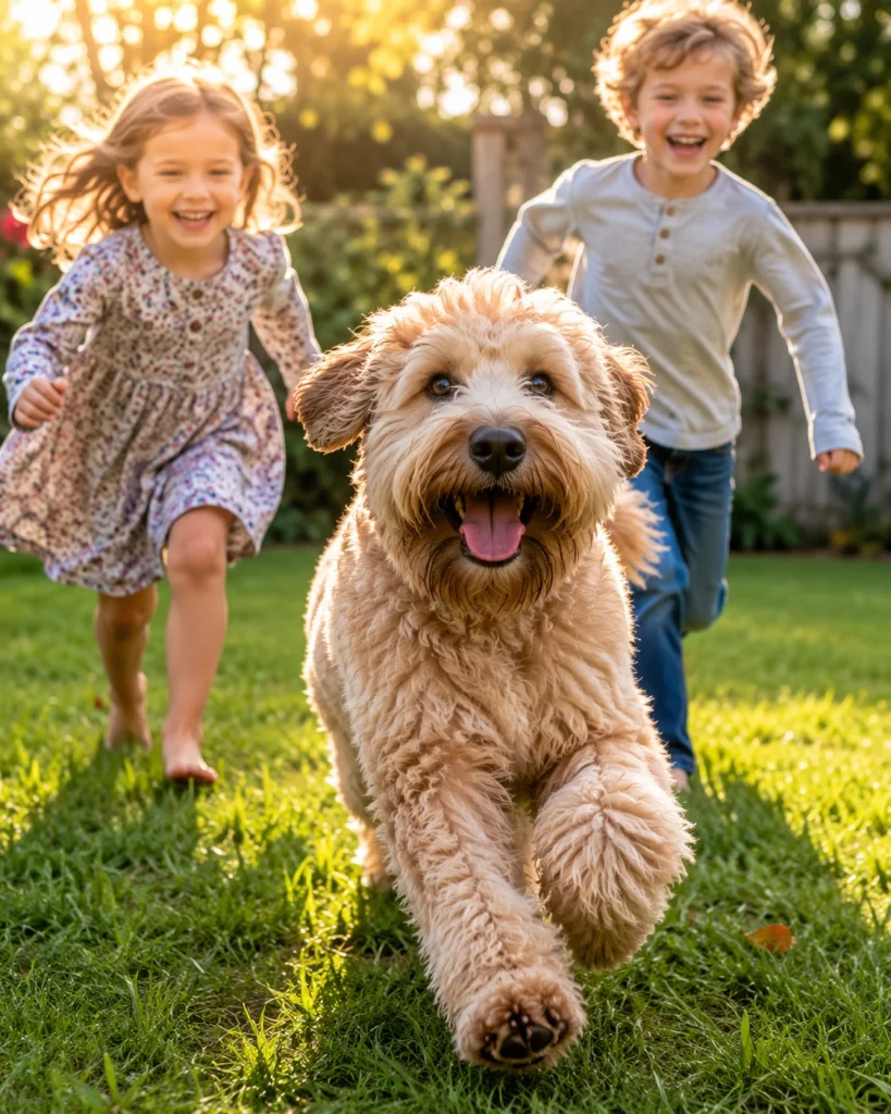 Soft-Coated Wheaten Terrier playing with children in a sunny backyard.