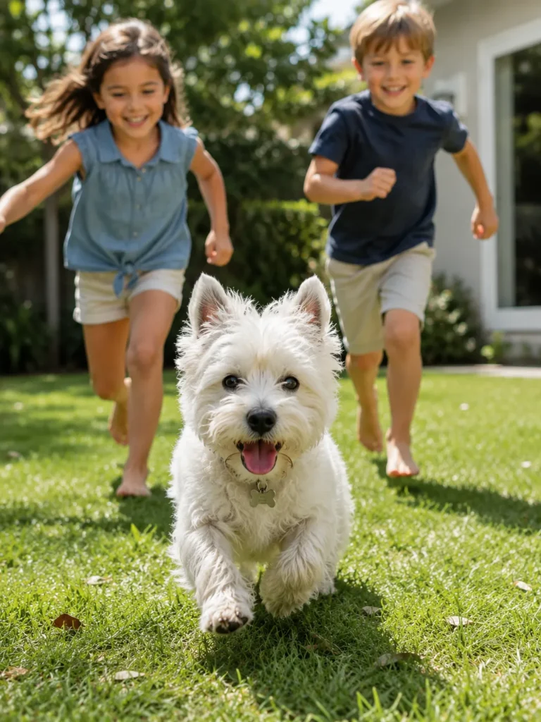 westie dog playing with kids low shedding