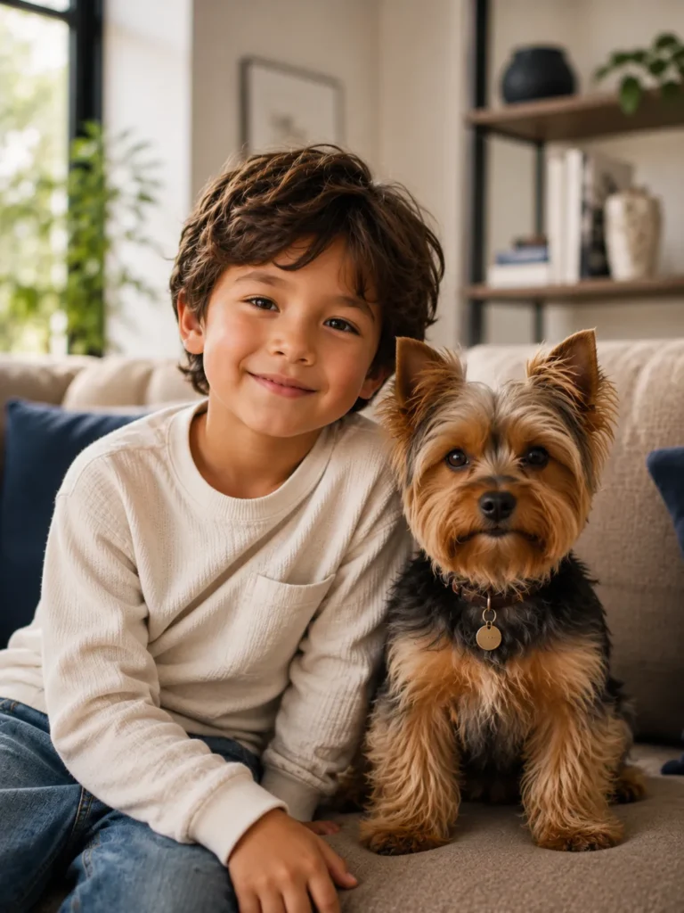  yorkshire terrier hypoallergenic dog with child indoors