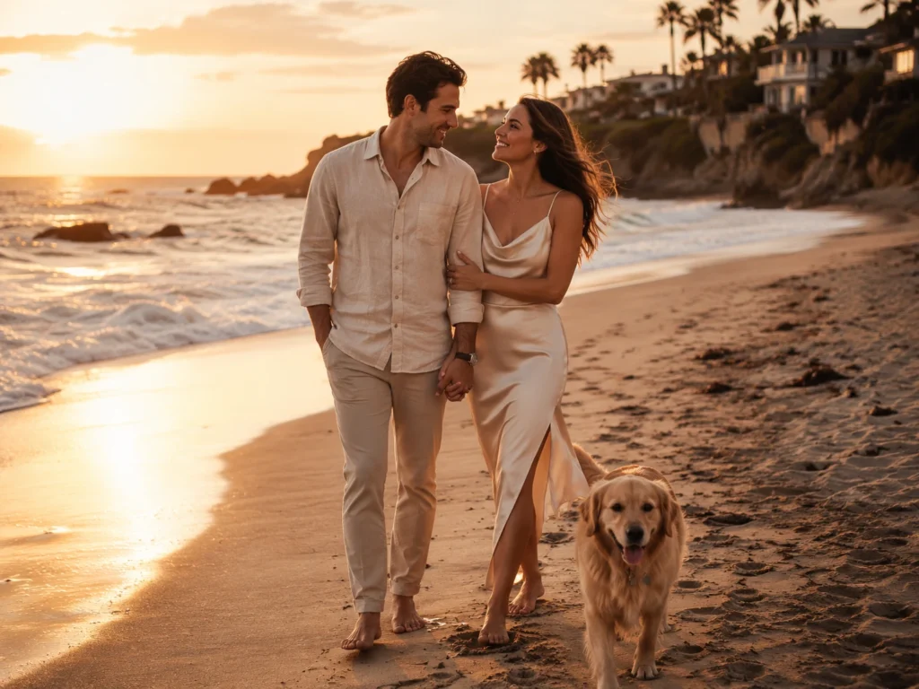 Couple walking with their dog on the beach during engagement photos.

