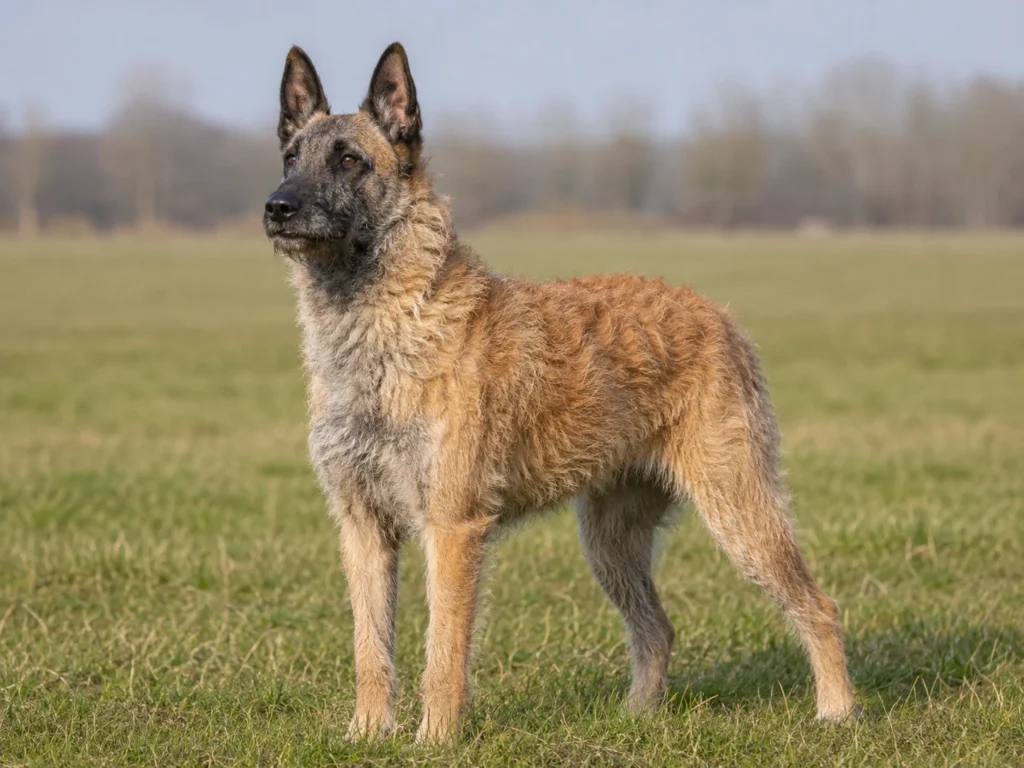 Belgian Laekenois standing in a grassy field.