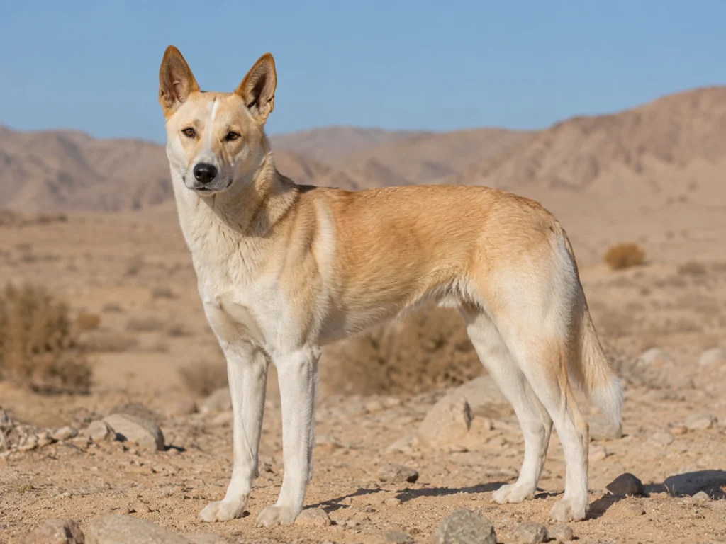 Canaan Dog standing in a desert landscape.