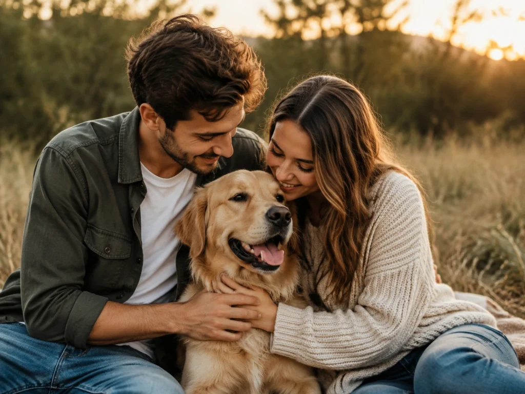 Couple looking at their dog during engagement photos.
