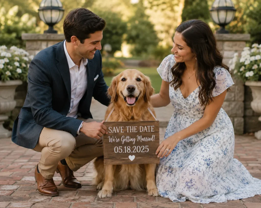 Dog holding a save the date sign during an engagement photoshoot.