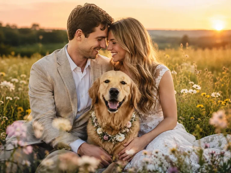 Engaged couple posing with their dog during a romantic outdoor engagement photo ideas.
