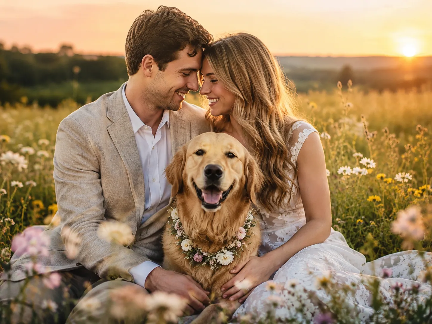 Engaged couple posing with their dog during a romantic outdoor engagement photo ideas.