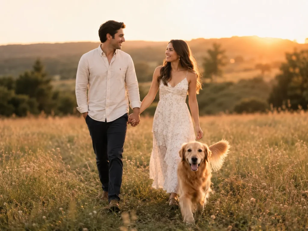 Couple walking with their dog during a golden hour engagement photoshoot.