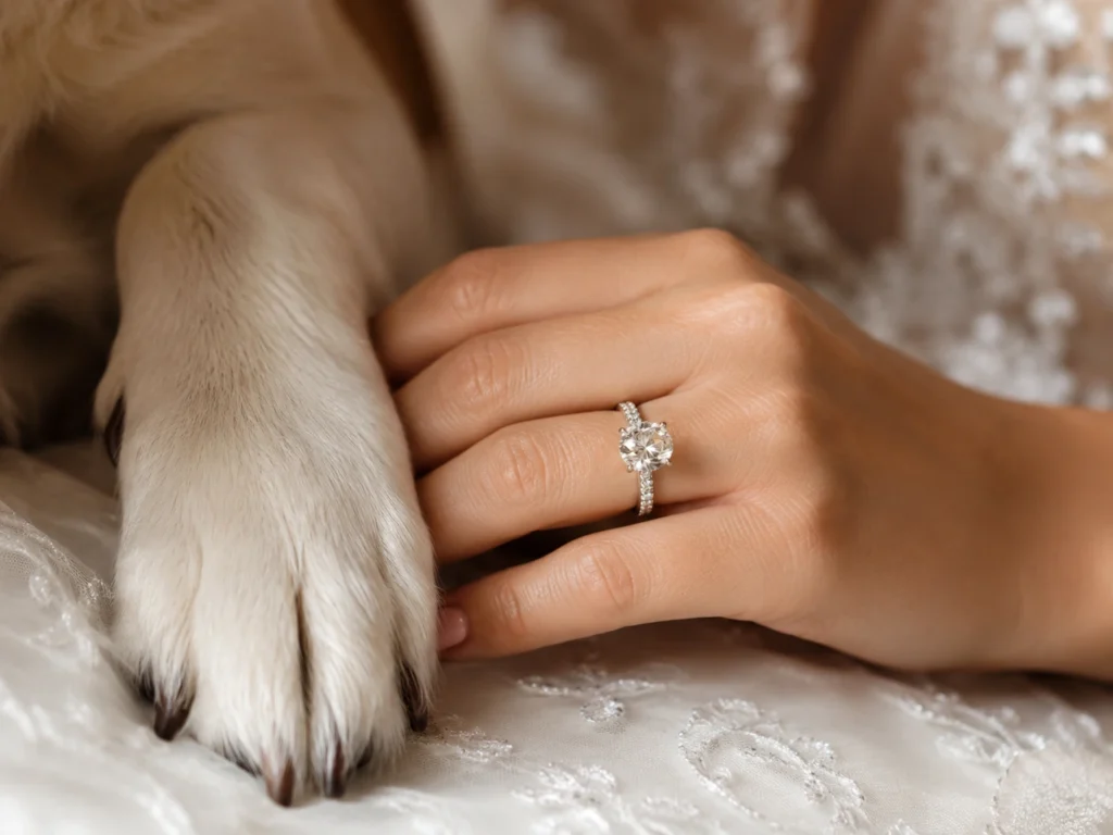 Dog paw next to engagement ring during a photoshoot.
