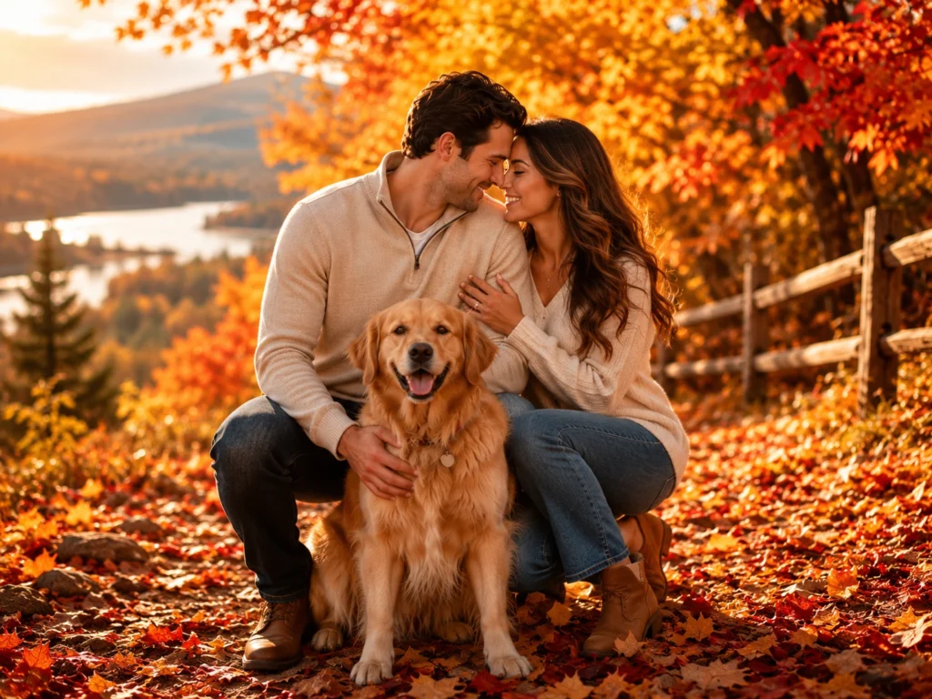 Engagement photos with dog surrounded by autumn leaves.
